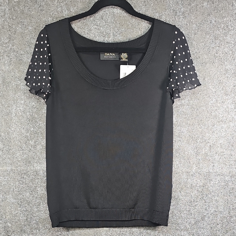 Vintage Dana Buchman Polka Dot Flutter Sleeve Sweater, Black White, Size M, NEW